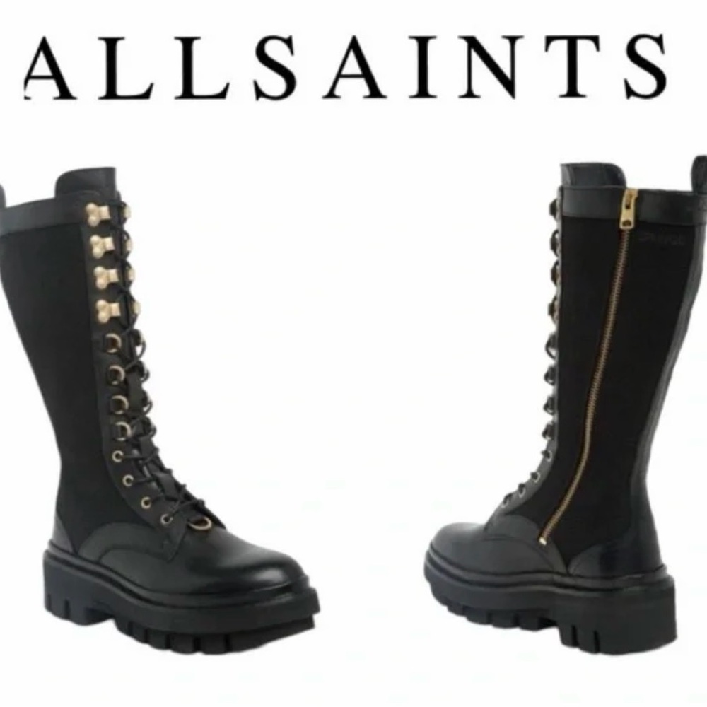 All Saints Black Moto Boots with Gold Accents